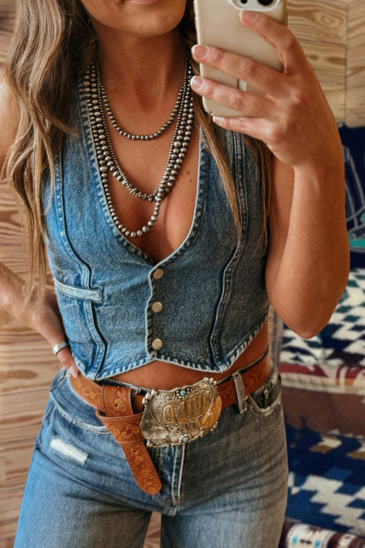 V Neck Button Denim Vest