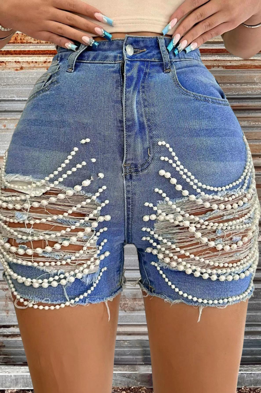 Pearl Chain Cut-Out Ripped Denim Shorts