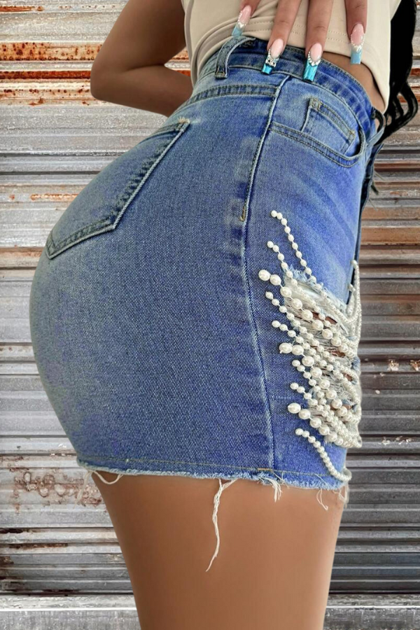 Pearl Chain Cut-Out Ripped Denim Shorts