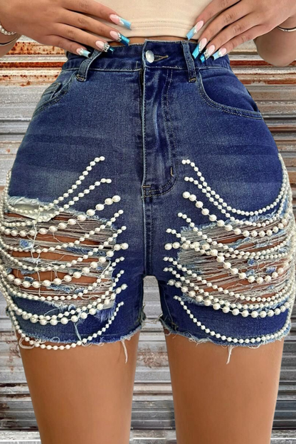 Pearl Chain Cut-Out Ripped Denim Shorts