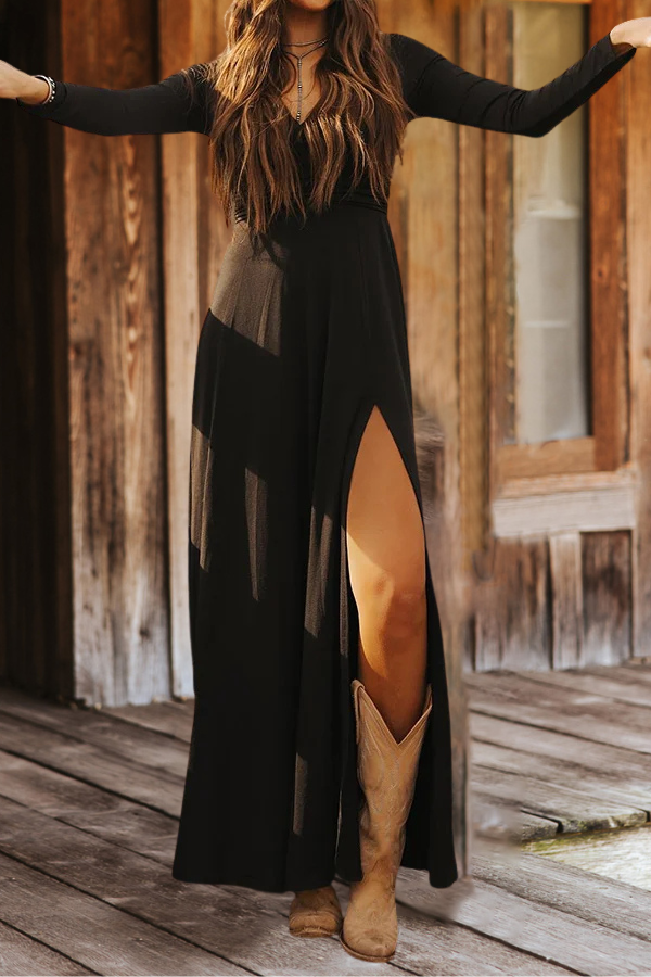 V-neck Slit Long-Sleeved Dress