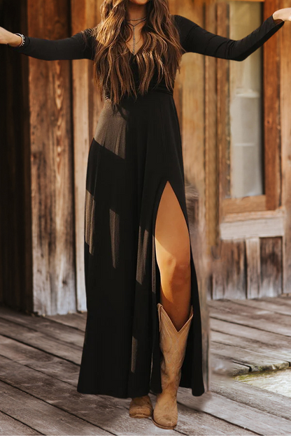 V-neck Slit Long-Sleeved Dress