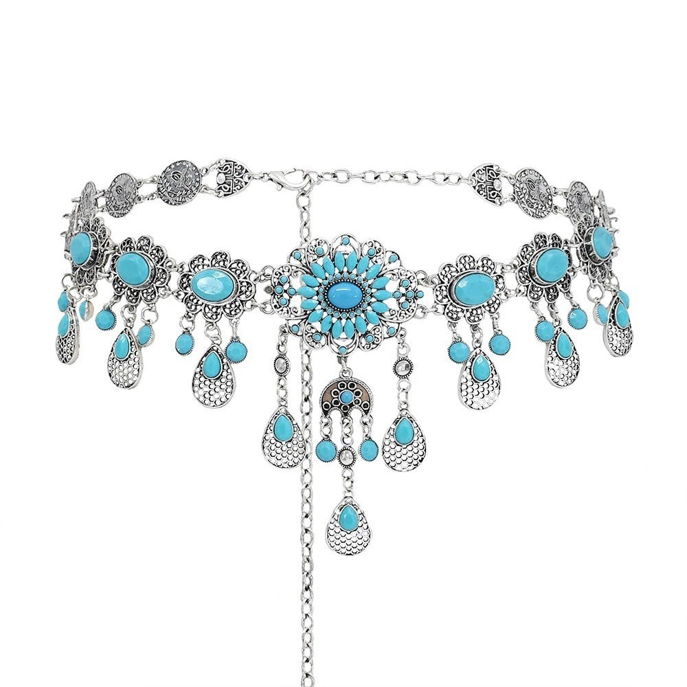 Turquoise Cutout Floral Coin Belt