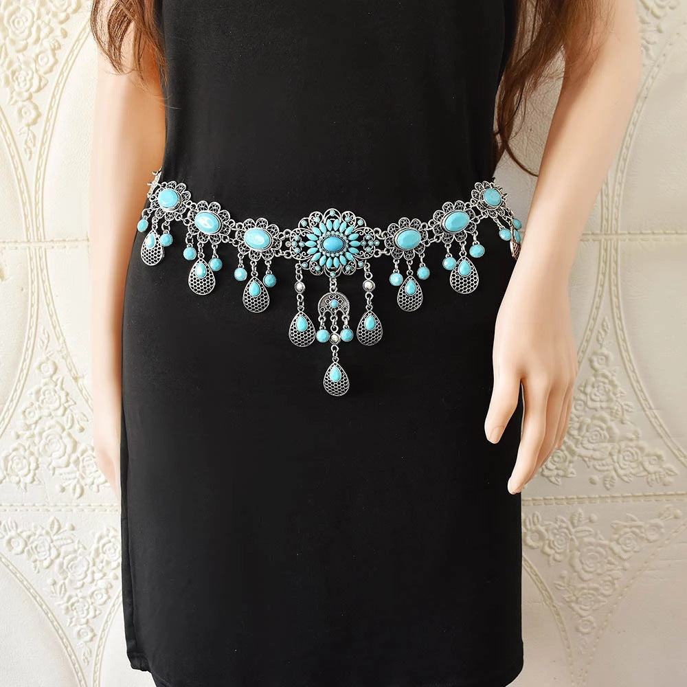 Turquoise Cutout Floral Coin Belt
