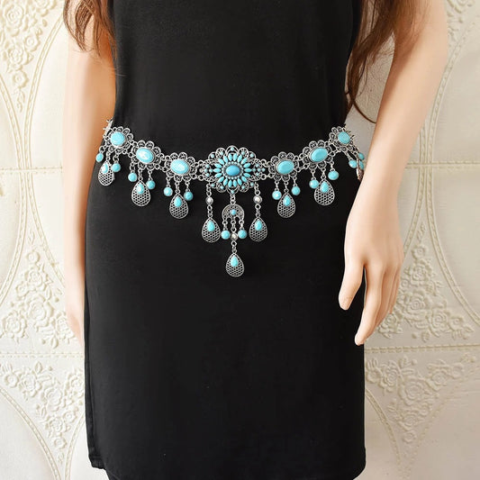 Turquoise Cutout Floral Coin Belt