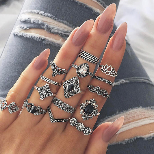 Silver Lotus Rings Sets-15pcs