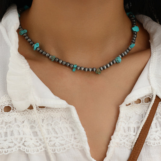 Turquoise Stone Glass Bead Necklace