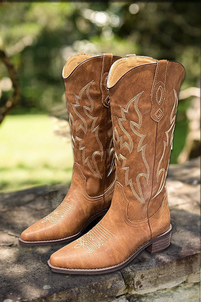 Western Embroidered Thick Heel Boots
