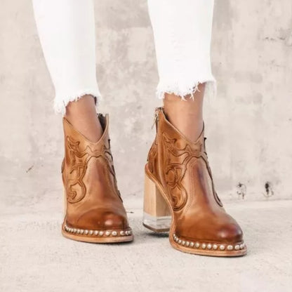 Embroidered Thick Heel Sewing Rivets Ankle Boots