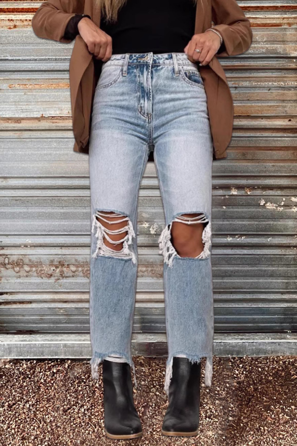 Light Blue Ripped Tassel Denim Jeans