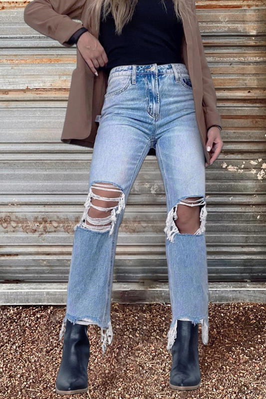 Light Blue Ripped Tassel Denim Jeans
