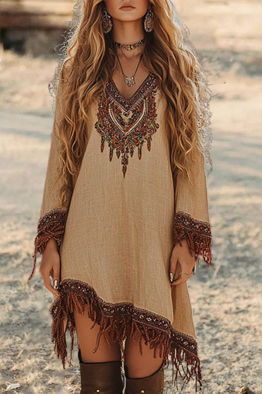 Western Tassel Trim Loose Dress