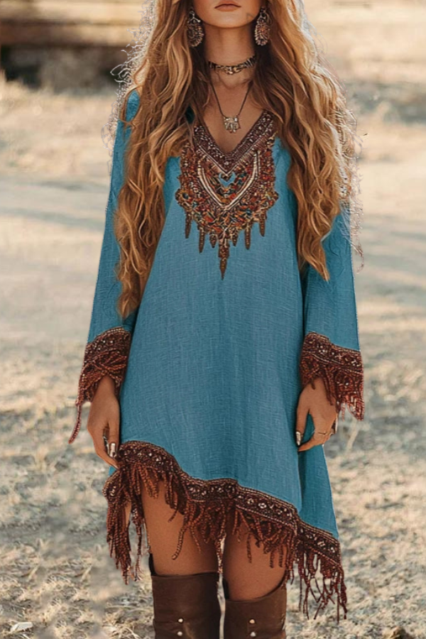 Western Tassel Trim Loose Dress