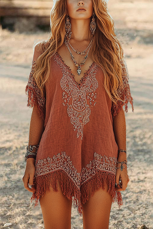 Ethnic Lace Tassel Floral Dress