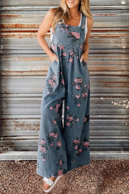 Floral Print ButtonPocket Loose Overalls
