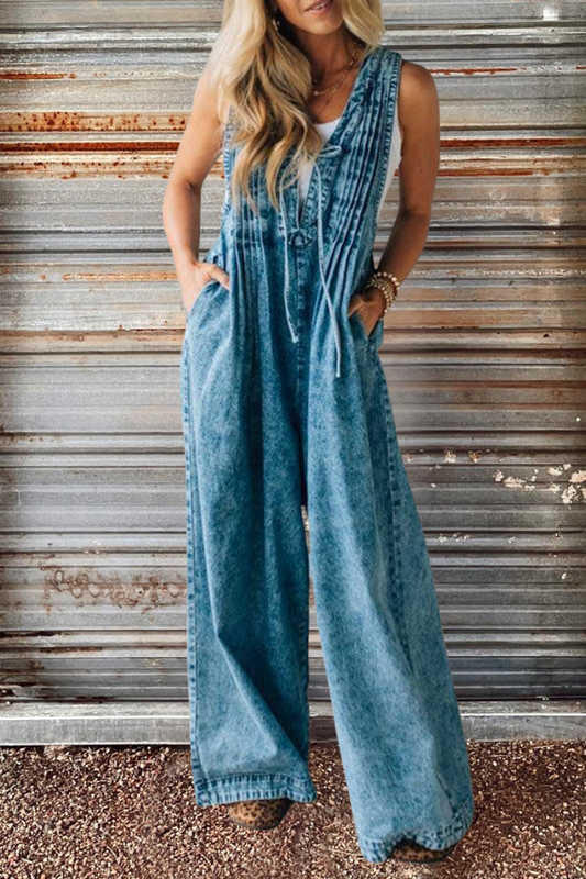 Wide Leg Denim Pleated Jumpsuit