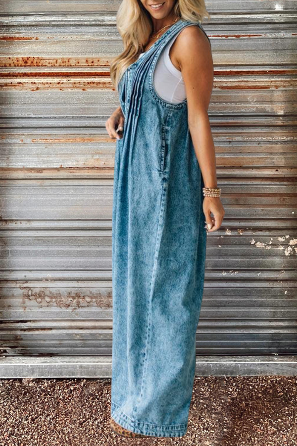 Wide Leg Denim Pleated Jumpsuit
