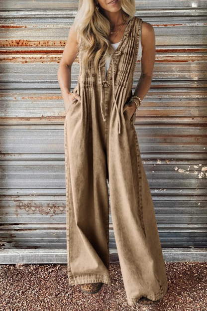 Wide Leg Denim Pleated Jumpsuit