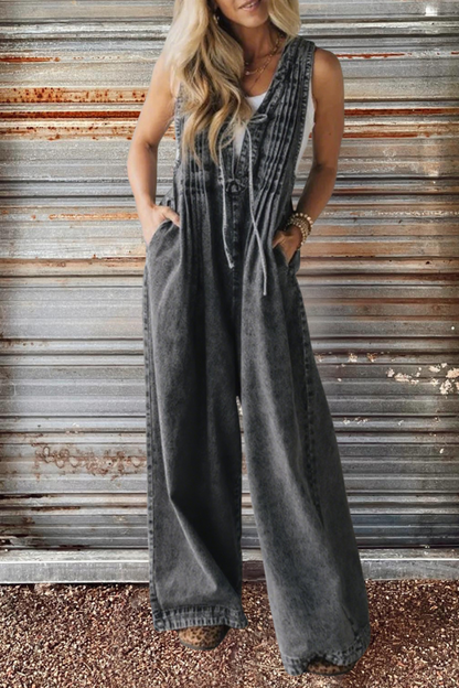 Wide Leg Denim Pleated Jumpsuit