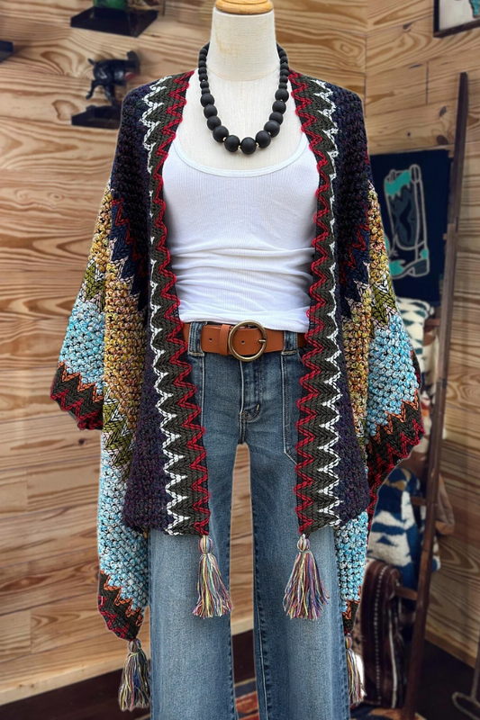 Western Colorful Crochet Knit Poncho