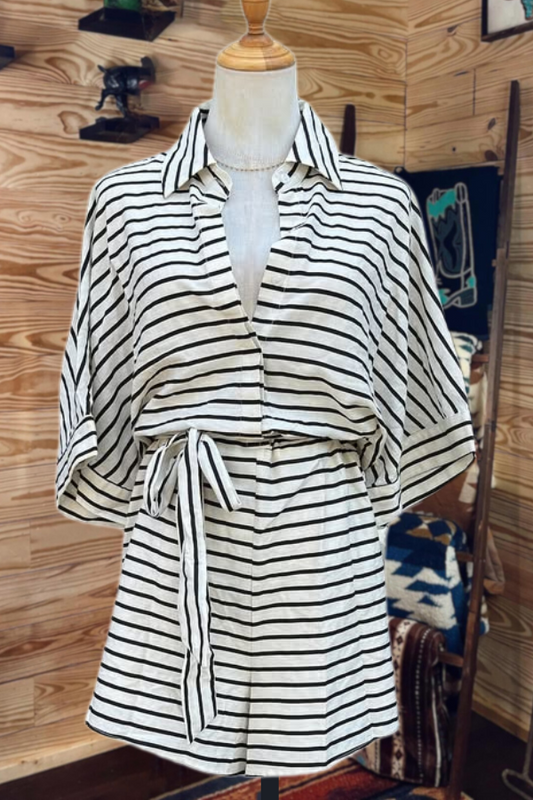 Loose Drawstring Waist Half Sleeve Romper
