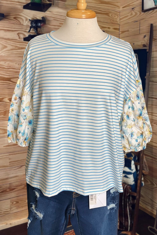Striped Floral Sleeve Casual Blouse