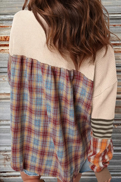 Waffle Stripe Plaid Patchwork Henley Knit Top