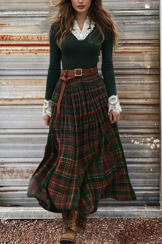 Plaid Long Skirt Pastoral Style Dress