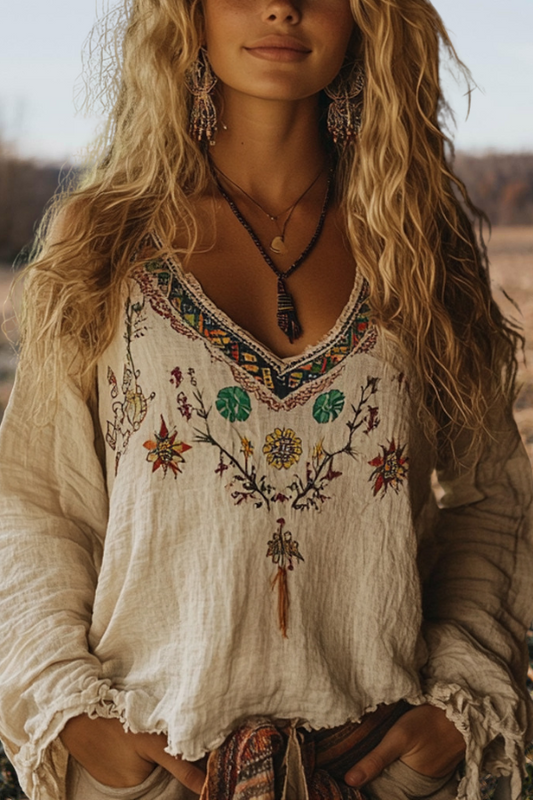 Vintage Linen Print Casual Long Sleeve Top