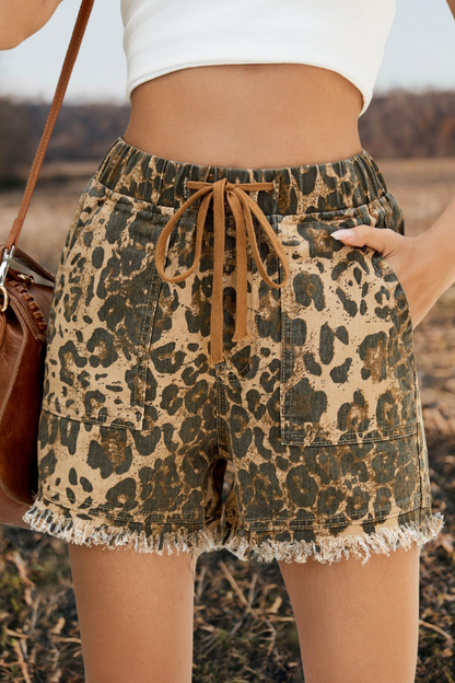 Cheetah Cargo Pocket Drawstring Denim Shorts