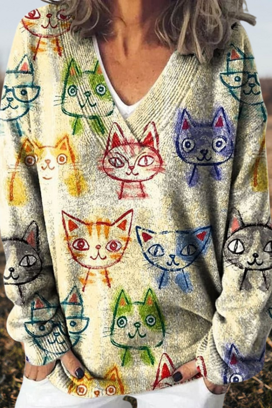Cute Cat Graphic Floral Print Sweater