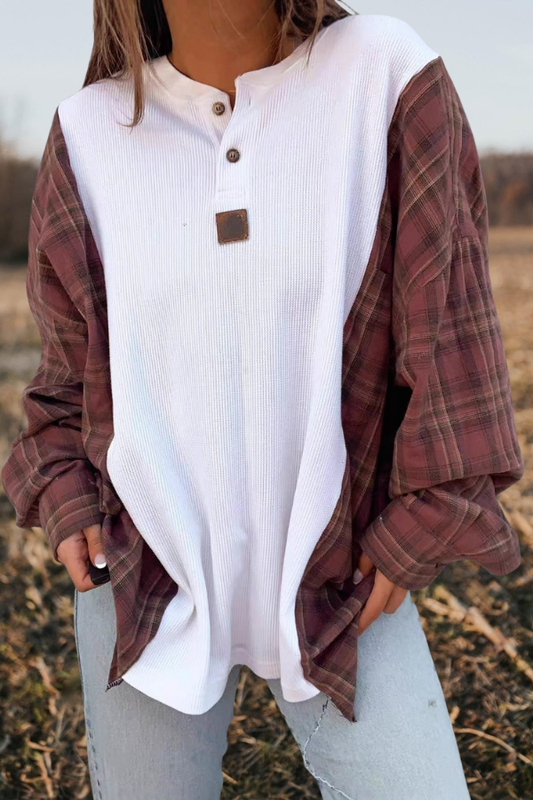 Plaid Sleeve Henley Top