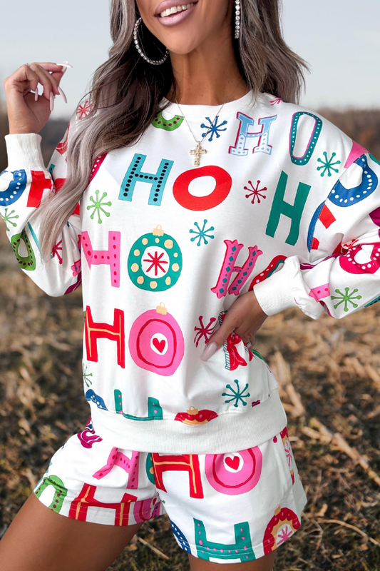 "HO HO" Print Festive White Loungewear Set