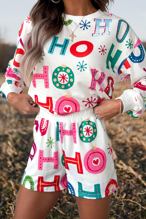 "HO HO" Print Festive White Loungewear Set