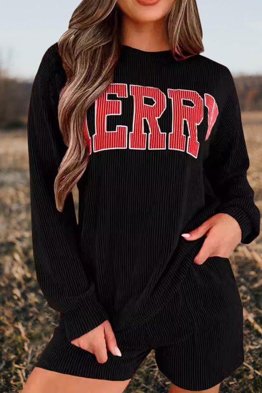 "MERRY" Lettering Ribbed Loungewear Set