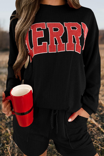 "MERRY" Lettering Ribbed Loungewear Set
