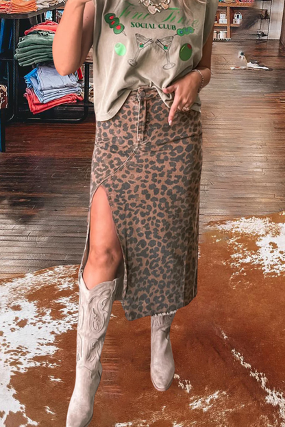 Leopard Print Side Slit Midi Skirt