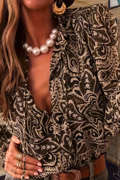 Olive Paisley Print Billowy Sleeves Blouse
