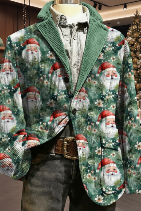 Santa Print Christmas Corduroy Western Blazer