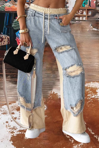 Drawstring Baggy Patchwork Wide Leg Jeans