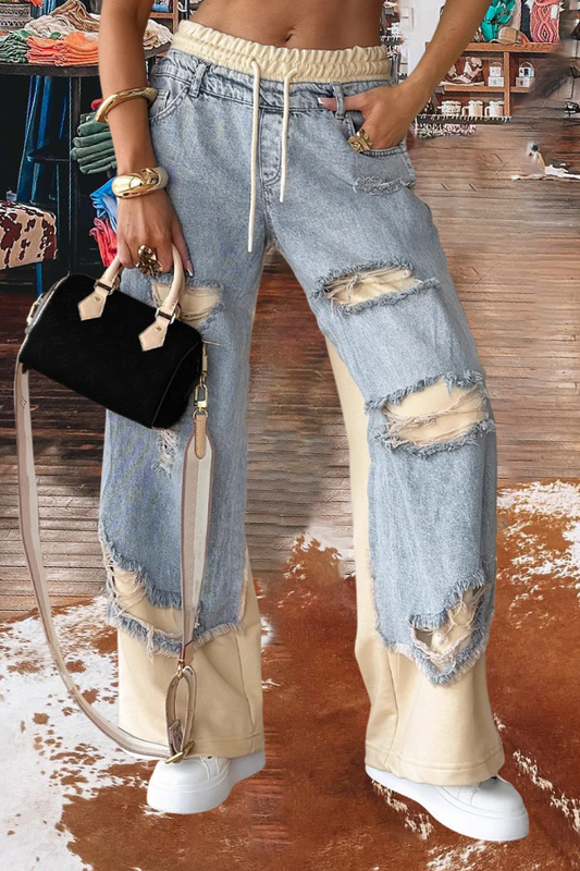 Drawstring Baggy Patchwork Wide Leg Jeans