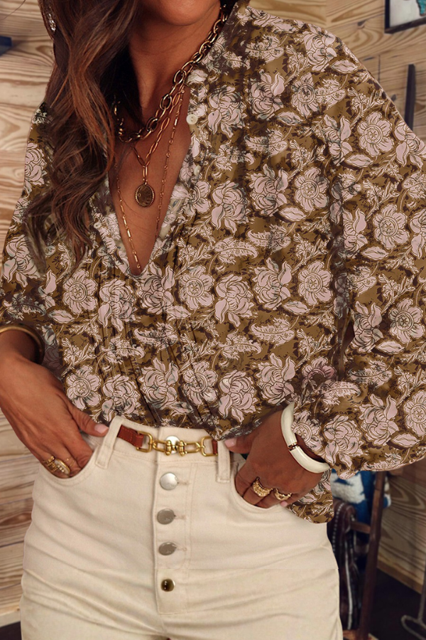 V Neck Long Sleeve Floral Blouse