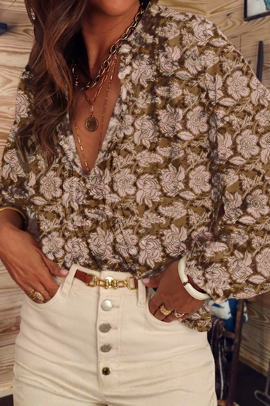 V Neck Long Sleeve Floral Blouse