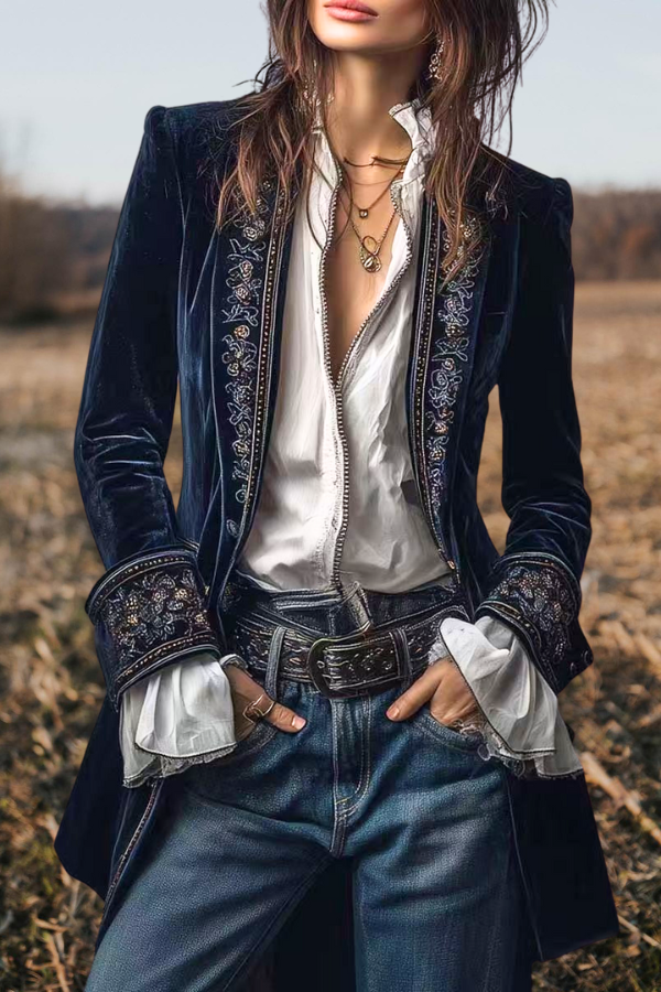 Long Sleeve Solid Color Trimmed Velvet Jacket