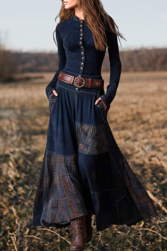 Plaid Patchwork Boho Rustic Maxi Skirt