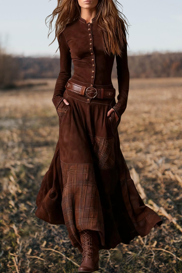 Plaid Patchwork Boho Rustic Maxi Skirt
