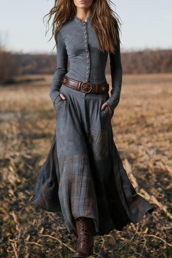 Plaid Patchwork Boho Rustic Maxi Skirt