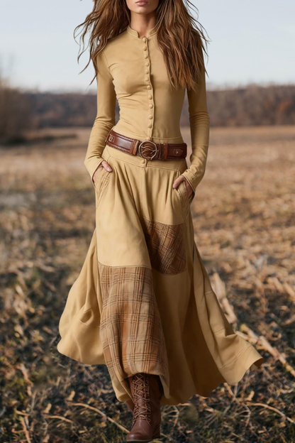 Plaid Patchwork Boho Rustic Maxi Skirt