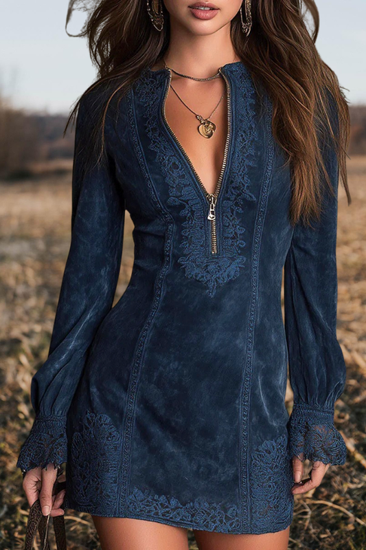 Suede Lace Trimmed Edgy Mini Dress