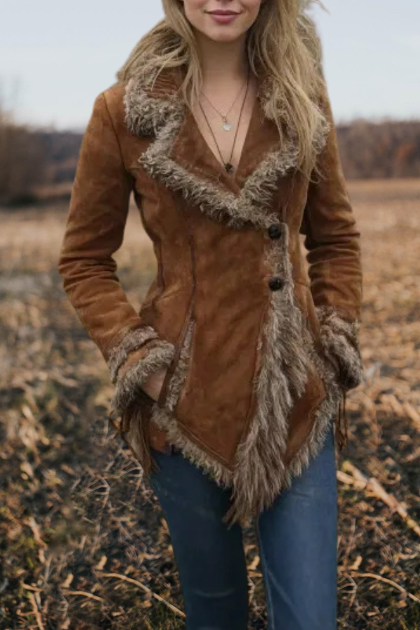 Vintage Suede Fur Collar Lapel Coat